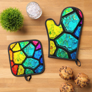 Cracked Rainbow Stained Glass Art Oven Mitt & Pot Holder Set