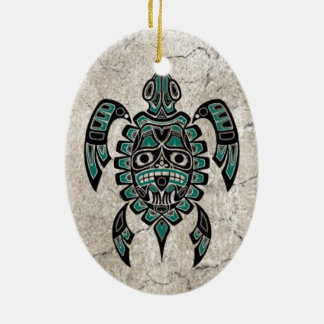 Cracked Teal Blue Haida Spirit Sea Turtle Ceramic Ornament