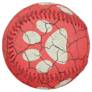 Cracked Vintage Brick Red  Animal Dog Paw Print Softball