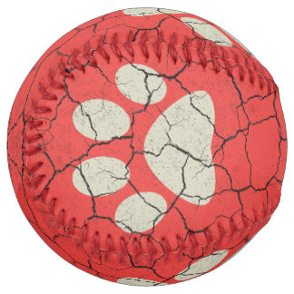 Cracked Vintage Brick Red  Animal Dog Paw Print Softball