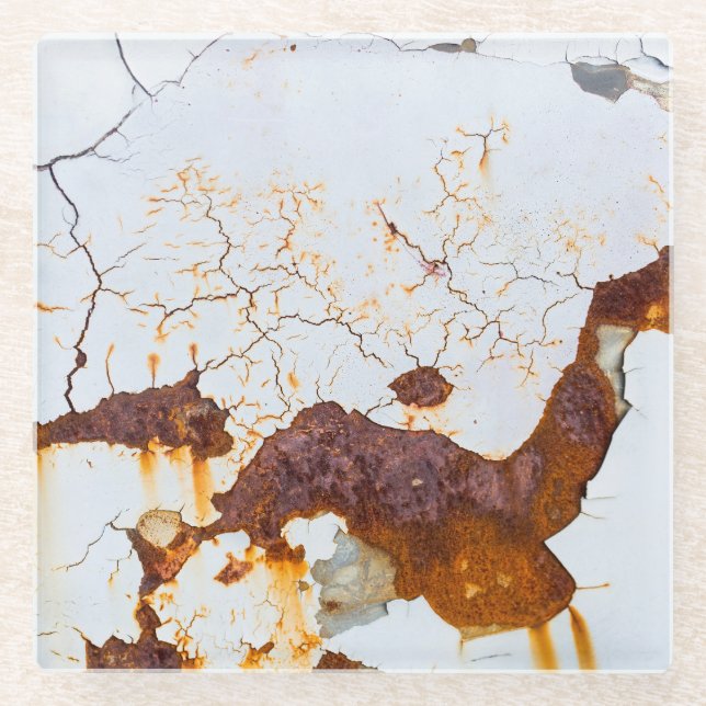 Cracked white paint, rusty car. glass coaster (Front)