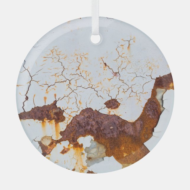 Cracked white paint, rusty car. glass ornament (Front)