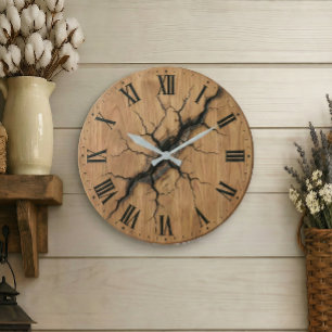 Cracked Wood Effect Wall Clock  Vintage Decor 