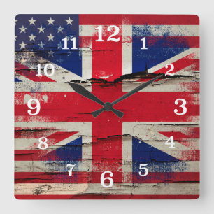 Crackle Paint   British American Flag Square Wall Clock