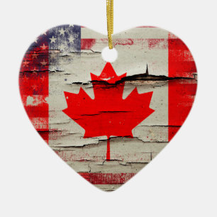 Crackle Paint Canadian American Flag Ceramic Ornament