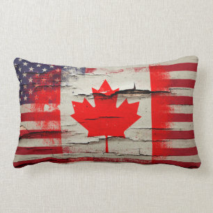Crackle Paint   Canadian American Flag Lumbar Pillow