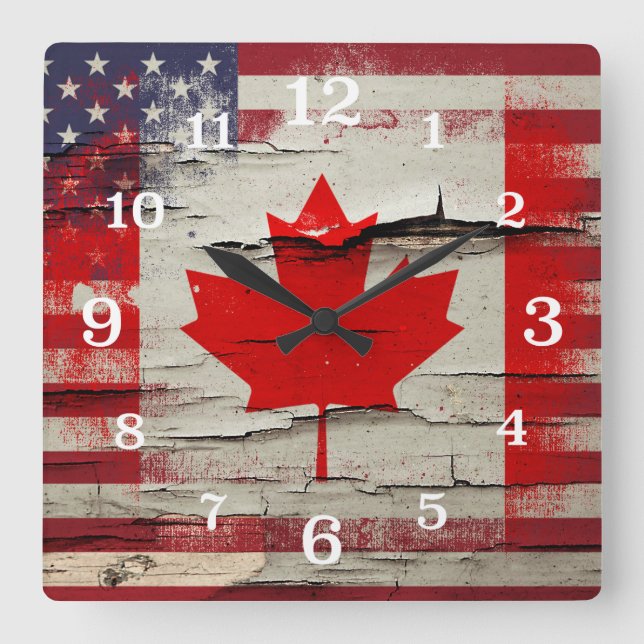Crackle Paint | Canadian American Flag Square Wall Clock (Front)