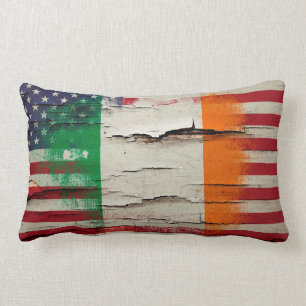 Crackle Paint Irish American Flag Lumbar Pillow