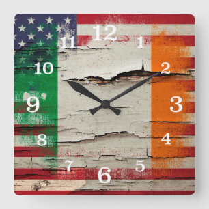 Crackle Paint   Irish American Flag Square Wall Clock