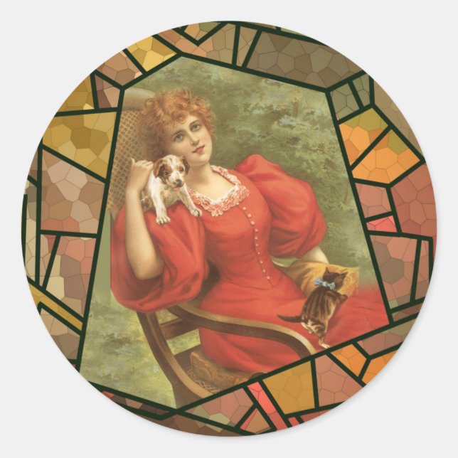 Crackle Tile - Lady in Red Classic Round Sticker (Front)