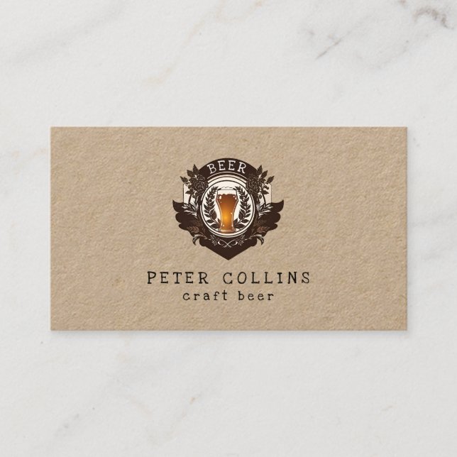 craft beer rustic crest kraft paper business card (Front)