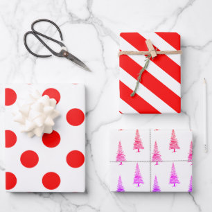 Craft Modern Red Christmas Dots, Stripes and Tree Wrapping Paper Sheet