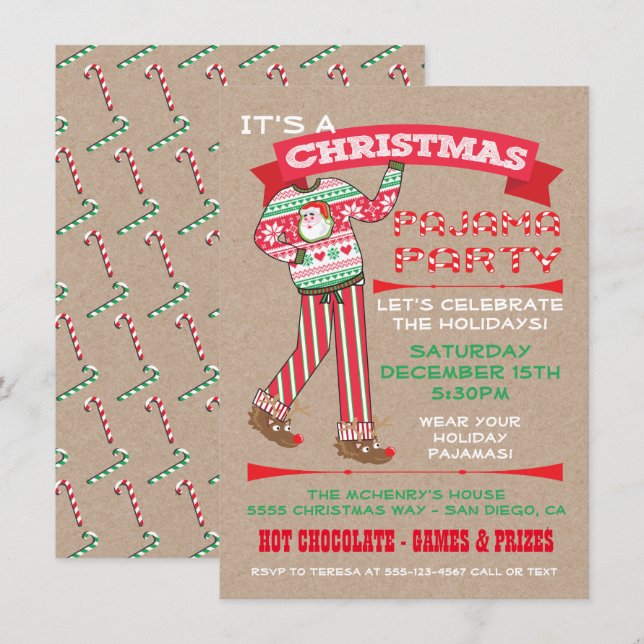 Craft Paper Christmas Pajama Party Invitations (Front/Back)