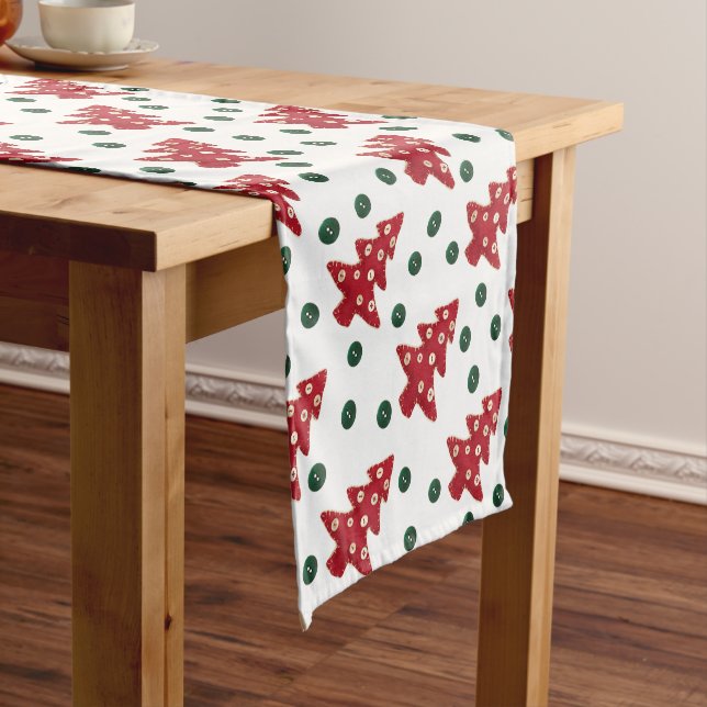 Craft Red Christmas Trees and Buttons Pattern Short Table Runner (In Situ)