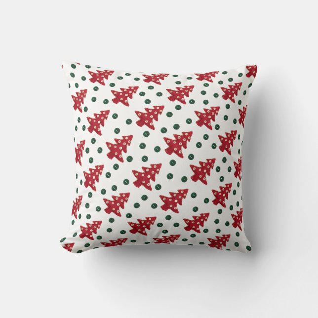 Craft Red Christmas Trees and Buttons Pattern Throw Pillow (Front)