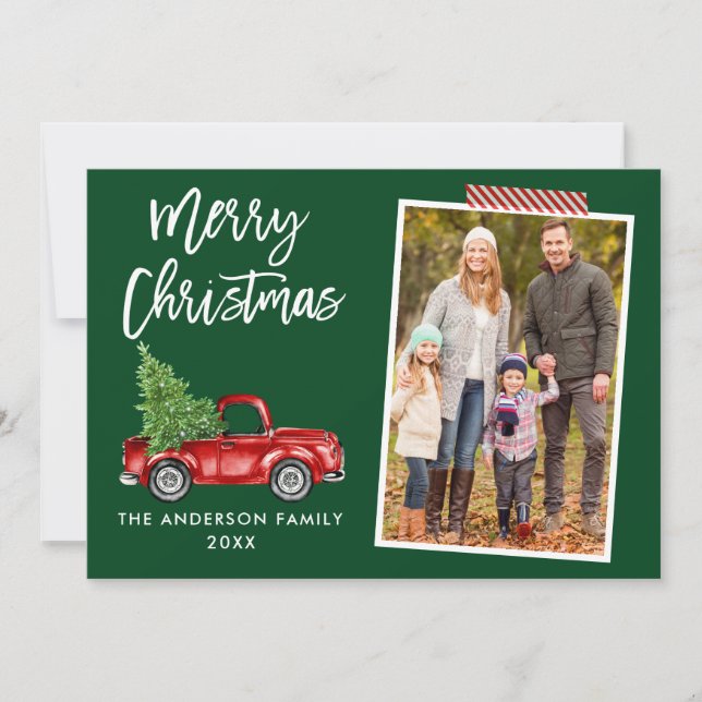 Craft Tape Brush Script Red Truck Christmas Green Holiday Card (Front)