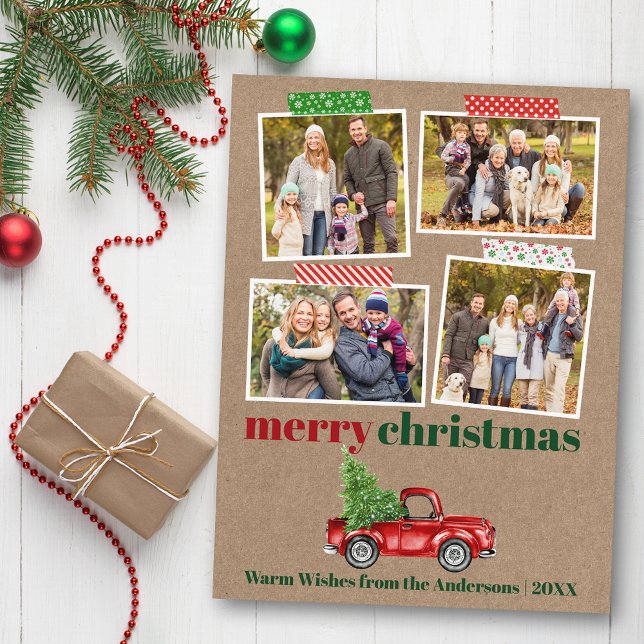 Craft Tape Red Truck Christmas Kraft Photo Postcard (Customize to change your personalized text size or text style.)