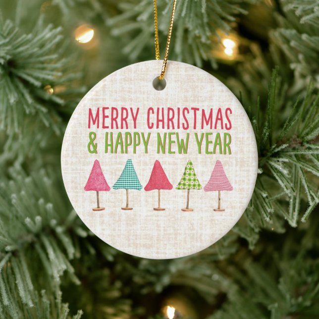 Crafted Christmas Trees – Festive Red Green Linen Ceramic Ornament (Tree)