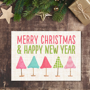 Crafted Christmas Trees, Pink Red Green Linen Holiday Card