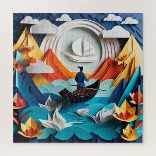 Crafted paper-cut style a man on a boat. jigsaw puzzle