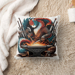 Crafty Cat Blacksmith in Colourful Fantasy Worksho Throw Pillow