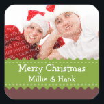 Crafty Green ribbon photo Merry Christmas sticker<br><div class="desc">Your holiday gifts and packages will be ultra special with these customized photo gift tags. Sticker features your photo behind a green ribbon. Customize with your greeting and name. These festive holiday labels are perfect for gift bags,  boxes,  candy bags,  mint tins,  jars and more!</div>