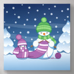 Crafty Snowman Knitting Scarf Acrylic Photo Tile<br><div class="desc">Vector illustration of two adorable cartoon snowmen dressed in knitted hats and scarves. The big crafty snowman is knitting an oversized scarf for the little one. The scarf is already wrapped several times around the cute little snowman.</div>