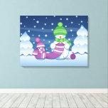 Crafty Snowman Knitting Scarf Canvas Print<br><div class="desc">Vector illustration of two adorable cartoon snowmen dressed in knitted hats and scarves. The big crafty snowman is knitting an oversized scarf for the little one. The scarf is already wrapped several times around the cute little snowman.</div>