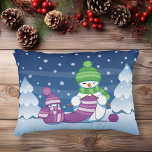 Crafty Snowman Knitting Scarf Decorative Pillow<br><div class="desc">Vector illustration of two adorable cartoon snowmen dressed in knitted hats and scarves. The big crafty snowman is knitting an oversized scarf for the little one. The scarf is already wrapped several times around the cute little snowman.</div>