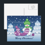 Crafty Snowman Knitting Scarf Holiday Postcard<br><div class="desc">Vector illustration of two adorable cartoon snowmen dressed in knitted hats and scarves. The big crafty snowman is knitting an oversized scarf for the little one. The scarf is already wrapped several times around the cute little snowman.</div>
