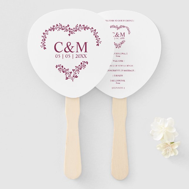 Cramberry Branches Heart with Initials Hand Fan (Front and Back)