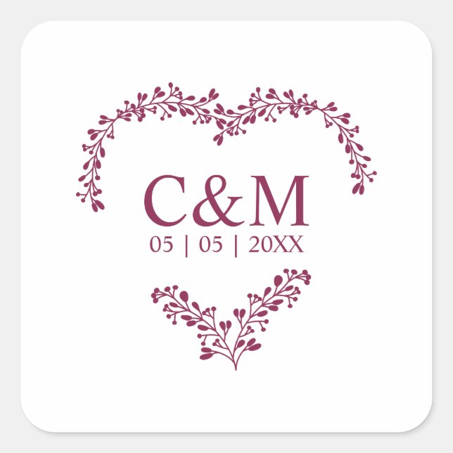 Cramberry Branches Heart with Initials Square Sticker (Front)