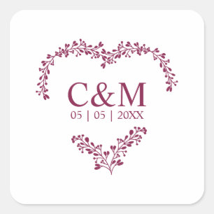 Cramberry Branches Heart with Initials Square Sticker