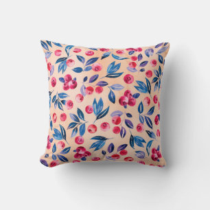 Cranberries and leaves, watercolor red wild berrie throw pillow