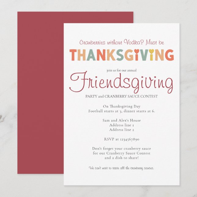 Cranberries Without Vodka Friendsgiving Dinner Invitation (Front/Back)