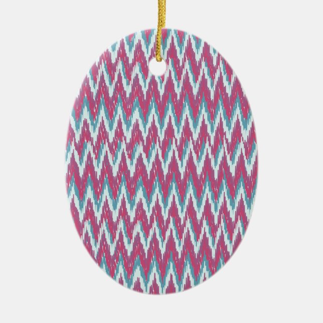 Cranberry and Teal iKat ZigZag Pattern Ceramic Ornament (Front)