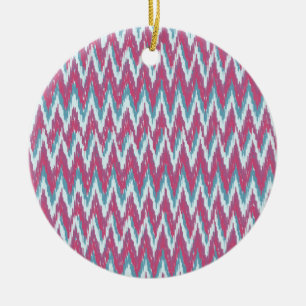 Cranberry and Teal iKat ZigZag Pattern Ceramic Ornament