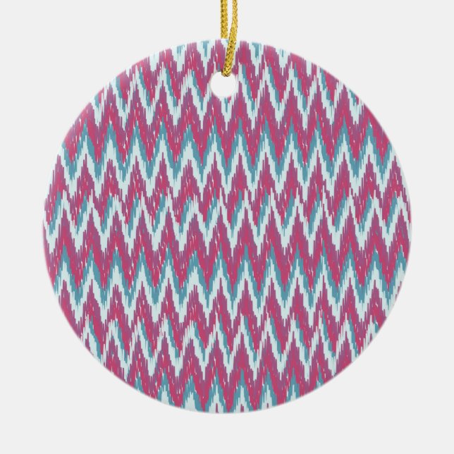 Cranberry and Teal iKat ZigZag Pattern Ceramic Ornament (Front)