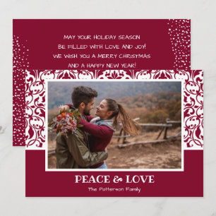 Cranberry and White Damask Christmas Photo Holiday Card