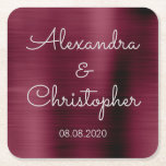 Cranberry Burgundy Elegant Wedding or Reception Square Paper Coaster<br><div class="desc">Cranberry Burgundy Elegant and white custom wedding or reception dinner and cocktail drink coasters. The  text of the Cranberry Burgundy simple and elegant coasters can be updated and customized with your  name and wedding date.</div>