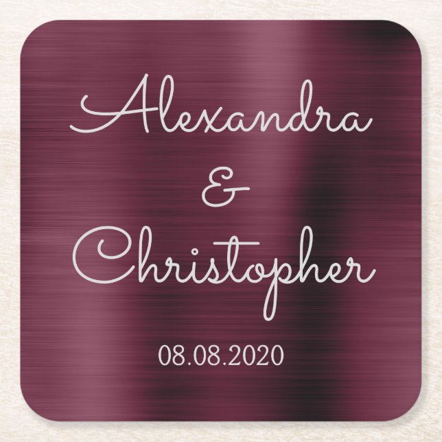 Cranberry Burgundy Elegant Wedding or Reception Square Paper Coaster (Front)
