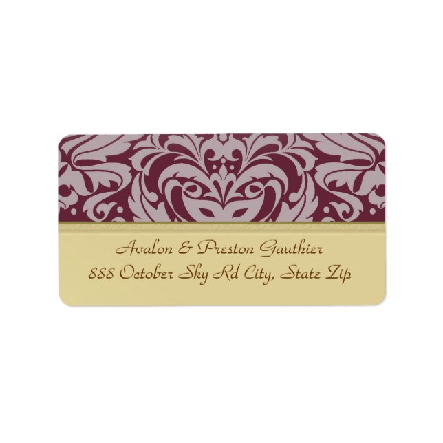 Cranberry Damask Gold Metal Wedding Address Label (Front)