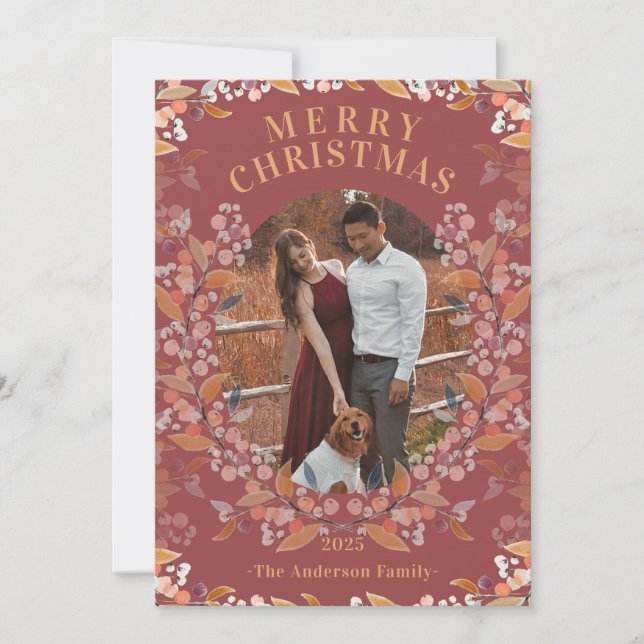 Cranberry Gold Framed Photo Holiday Card (Front)