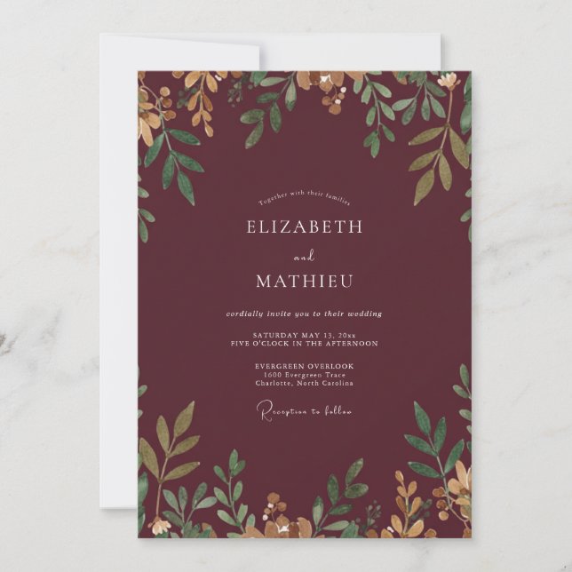 Cranberry Gold Leaf Wedding Invitation (Front)