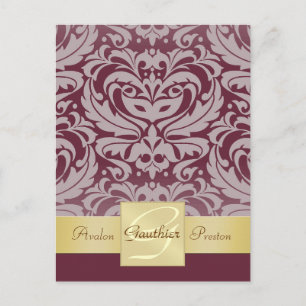 Cranberry Half Damask Gold Save The Date Postcard