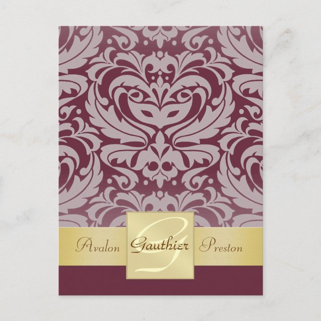Cranberry Half Damask Gold Save The Date Postcard (Front)