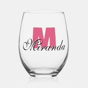 Cranberry Initial and Black Name Modern Stemless Wine Glass