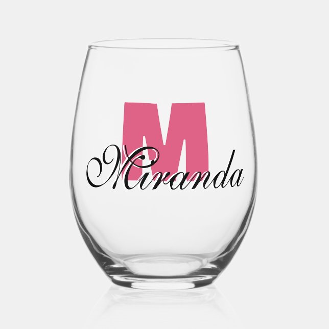 Cranberry Initial and Black Name | Modern  Stemless Wine Glass (Front)