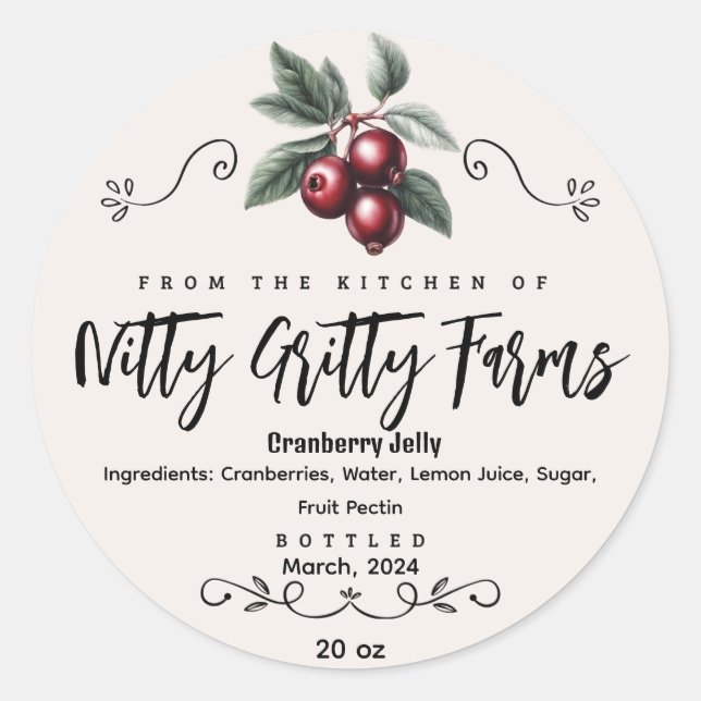 Cranberry Jam Jelly preserve Custom Canning Label (Front)