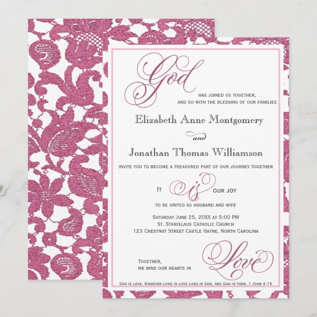 Cranberry Lace Religious Wedding Invitation (Front/Back)